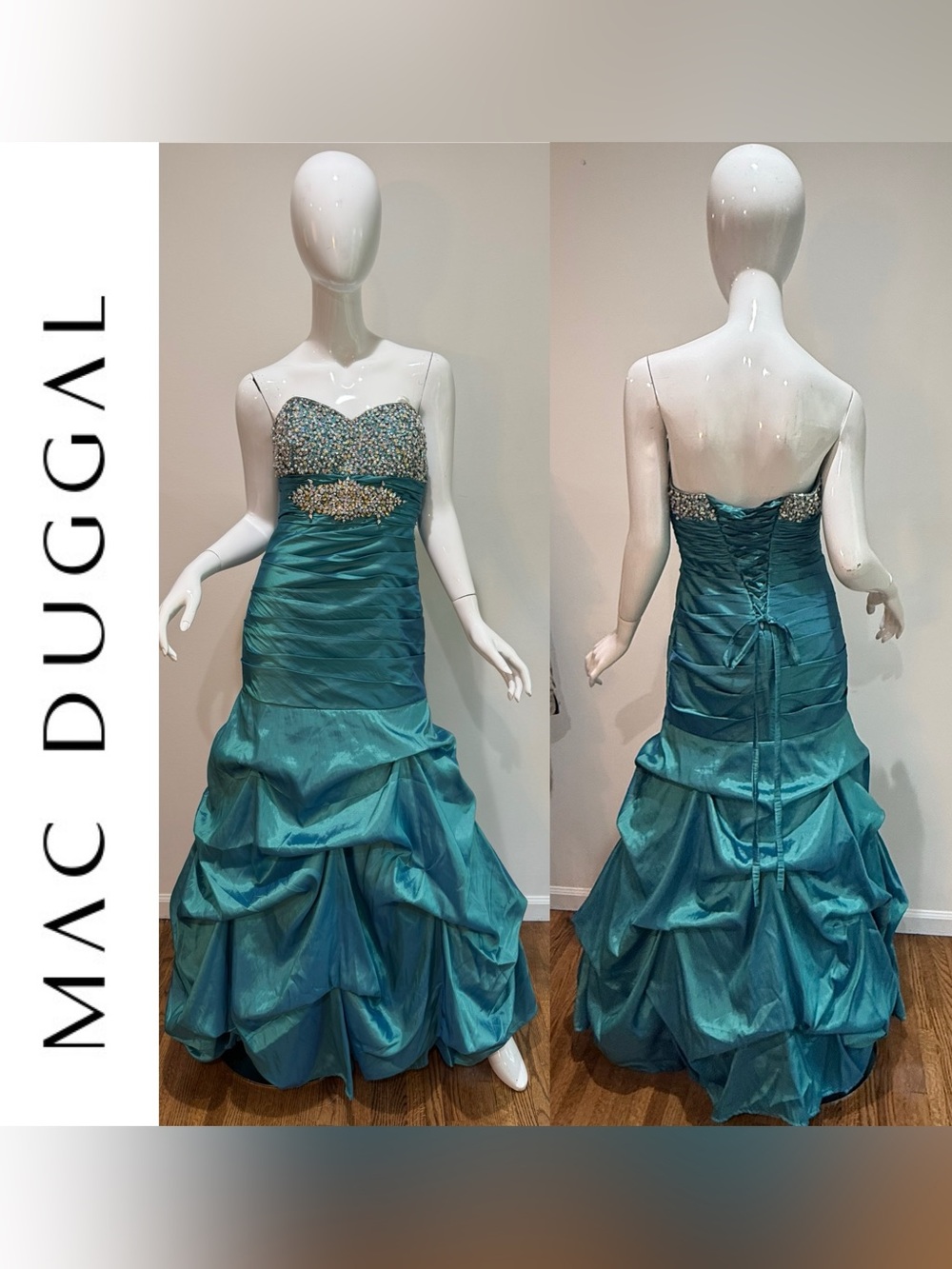 MacDuggal Iridescent Teal Mermaid Gown Taffeta Ruched Corset Back 10 Siren